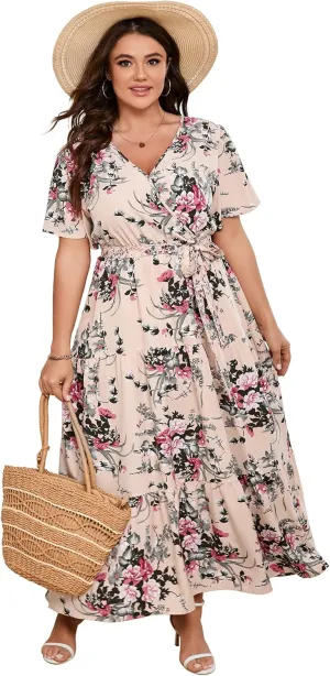 KOJOOIN Women Plus Size V Neck Wrap Maxi Dress Short Sleeves High Waist Ruffle Summer Casual Dress with Belt