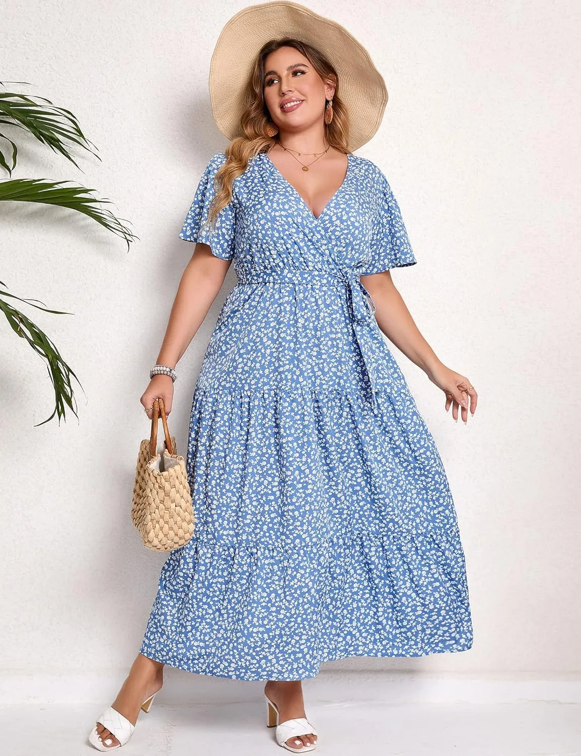 KOJOOIN Women Plus Size V Neck Wrap Maxi Dress Short Sleeves High Waist Ruffle Summer Casual Dress with Belt