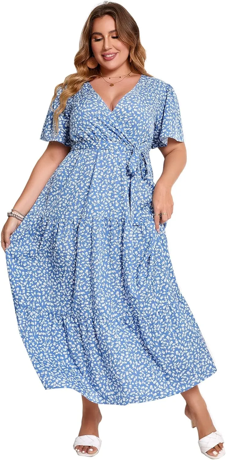 KOJOOIN Women Plus Size V Neck Wrap Maxi Dress Short Sleeves High Waist Ruffle Summer Casual Dress with Belt