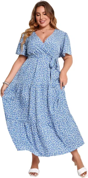 KOJOOIN Women Plus Size V Neck Wrap Maxi Dress Short Sleeves High Waist Ruffle Summer Casual Dress with Belt