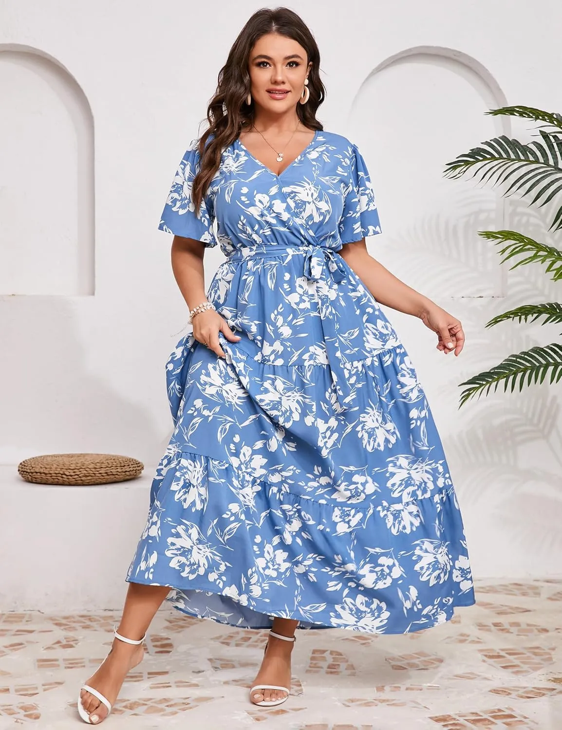 KOJOOIN Women Plus Size V Neck Wrap Maxi Dress Short Sleeves High Waist Ruffle Summer Casual Dress with Belt