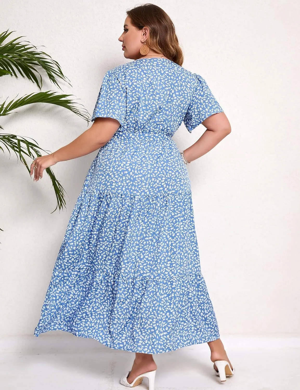 KOJOOIN Women Plus Size V Neck Wrap Maxi Dress Short Sleeves High Waist Ruffle Summer Casual Dress with Belt