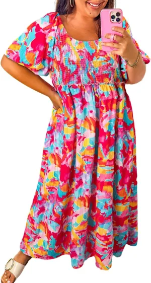 LALAGEN Women's Casual Dress Rose Abstract Printed Puff Sleeve Square Neck Smocked Bust Tied Back Plus Size Dress