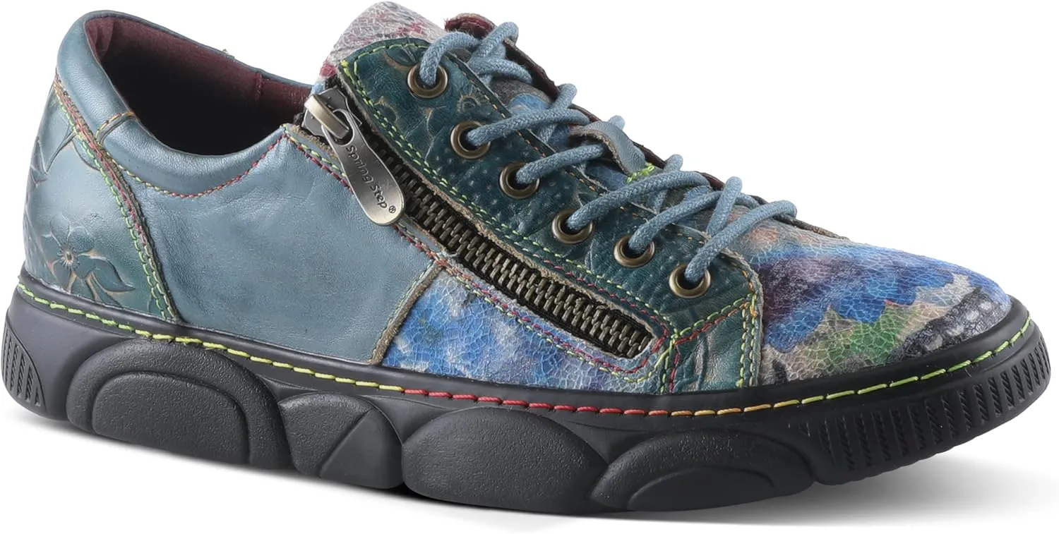 L'Artiste by Spring Step Women's Danli-Bloom Sneaker – Hand-Painted Leather Platform Shoes with Zipper & Lace-Up Closure, Removable Insole, Rainbow Stitching, Comfort Fit