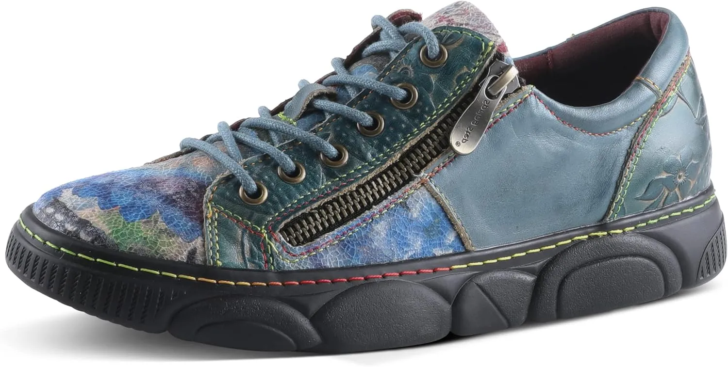 L'Artiste by Spring Step Women's Danli-Bloom Sneaker – Hand-Painted Leather Platform Shoes with Zipper & Lace-Up Closure, Removable Insole, Rainbow Stitching, Comfort Fit