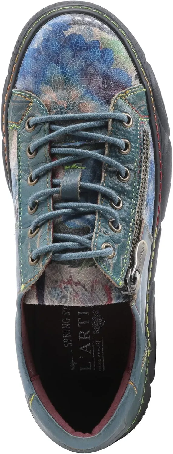 L'Artiste by Spring Step Women's Danli-Bloom Sneaker – Hand-Painted Leather Platform Shoes with Zipper & Lace-Up Closure, Removable Insole, Rainbow Stitching, Comfort Fit
