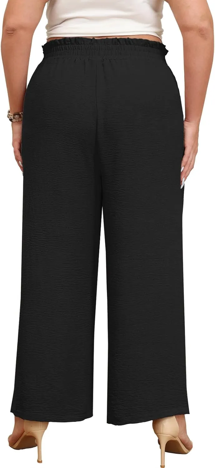 Lastshe Women's Plus Size Pants Wide Leg Work Casual Palazzo Pants Elastic High Waisted Dressy Trousers with Pockets