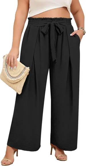 Lastshe Women's Plus Size Pants Wide Leg Work Casual Palazzo Pants Elastic High Waisted Dressy Trousers with Pockets