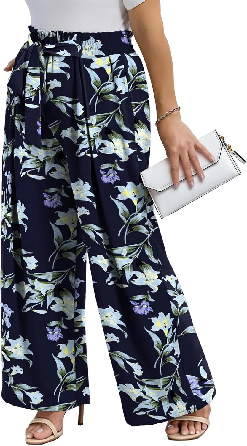 Lastshe Women's Plus Size Pants Wide Leg Work Casual Palazzo Pants Elastic High Waisted Dressy Trousers with Pockets