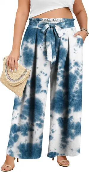 Lastshe Women's Plus Size Pants Wide Leg Work Casual Palazzo Pants Elastic High Waisted Dressy Trousers with Pockets