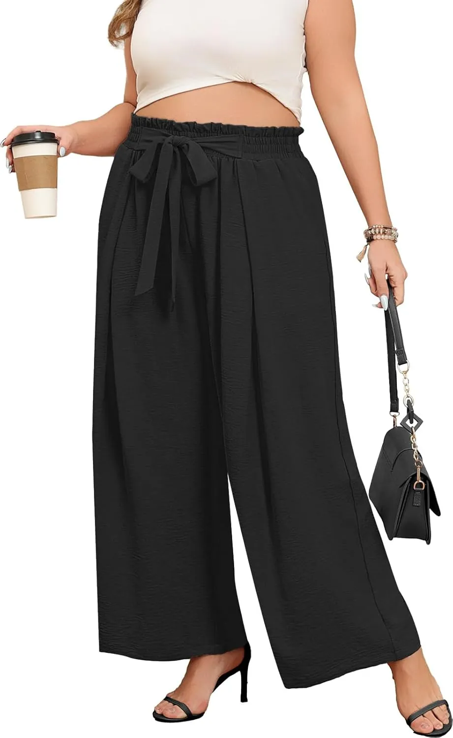Lastshe Women's Plus Size Pants Wide Leg Work Casual Palazzo Pants Elastic High Waisted Dressy Trousers with Pockets