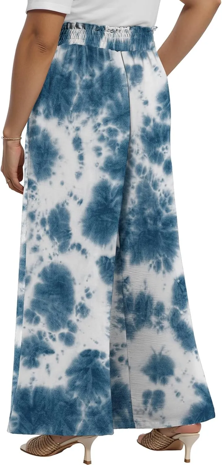 Lastshe Women's Plus Size Pants Wide Leg Work Casual Palazzo Pants Elastic High Waisted Dressy Trousers with Pockets