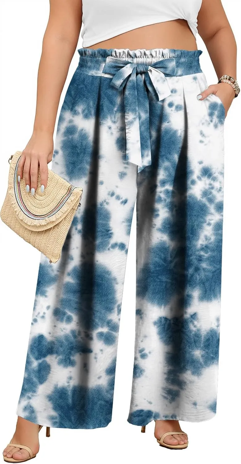 Lastshe Women's Plus Size Pants Wide Leg Work Casual Palazzo Pants Elastic High Waisted Dressy Trousers with Pockets