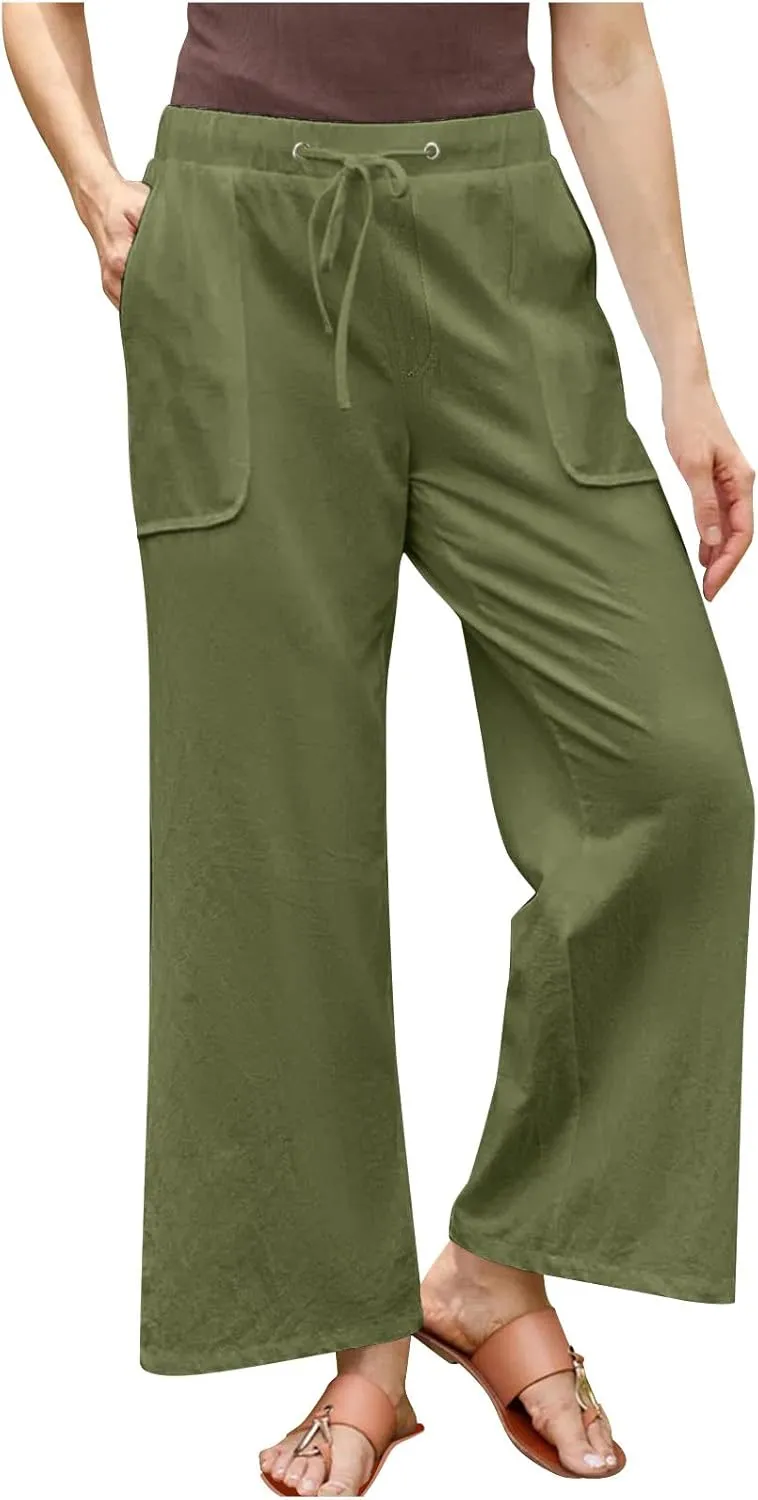 Linen Cotton Pants Women Plus Size Palazzo Wide Leg High Waisted Flowy Comfy Trousers with Pockets Casual Summer 2025