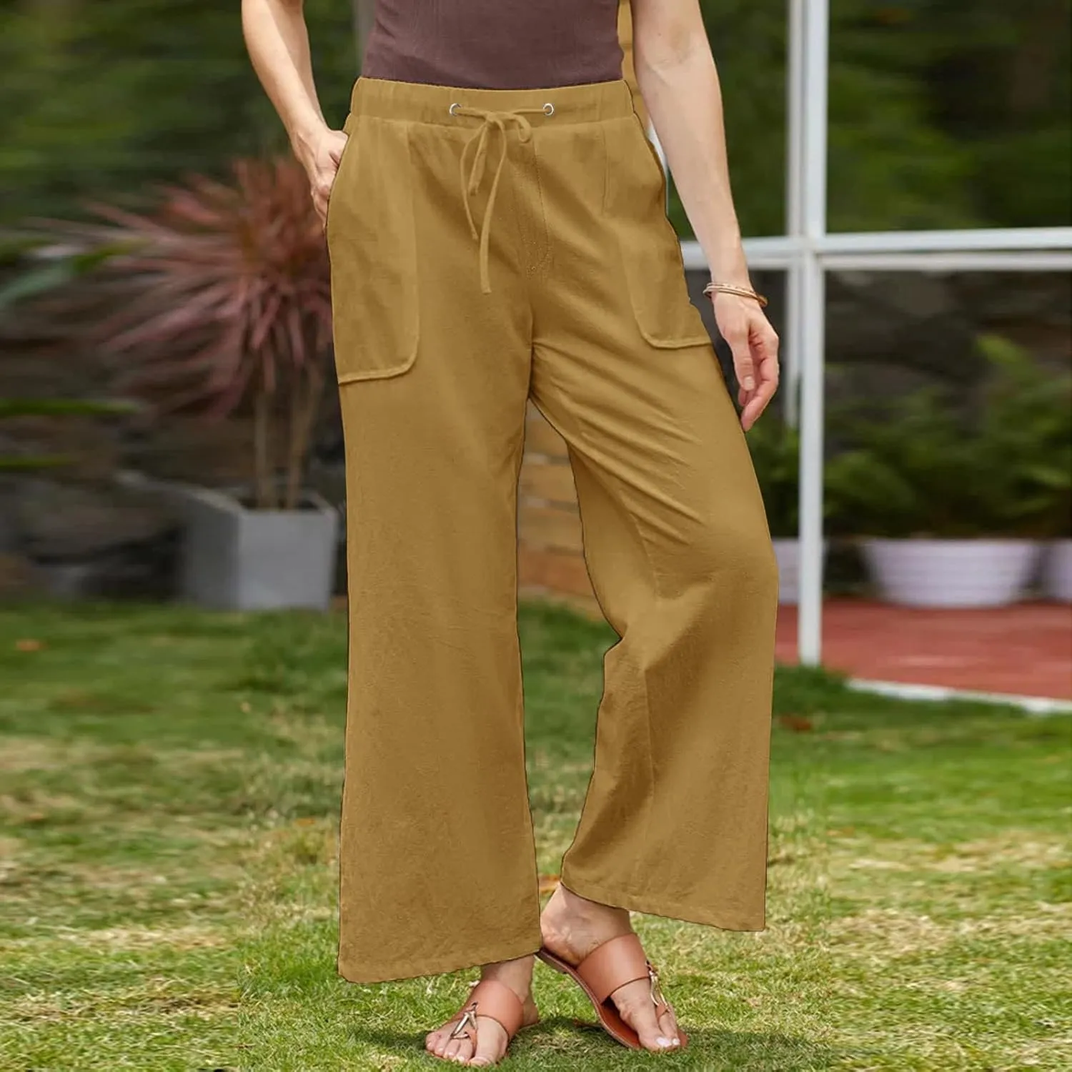 Linen Cotton Pants Women Plus Size Palazzo Wide Leg High Waisted Flowy Comfy Trousers with Pockets Casual Summer 2025