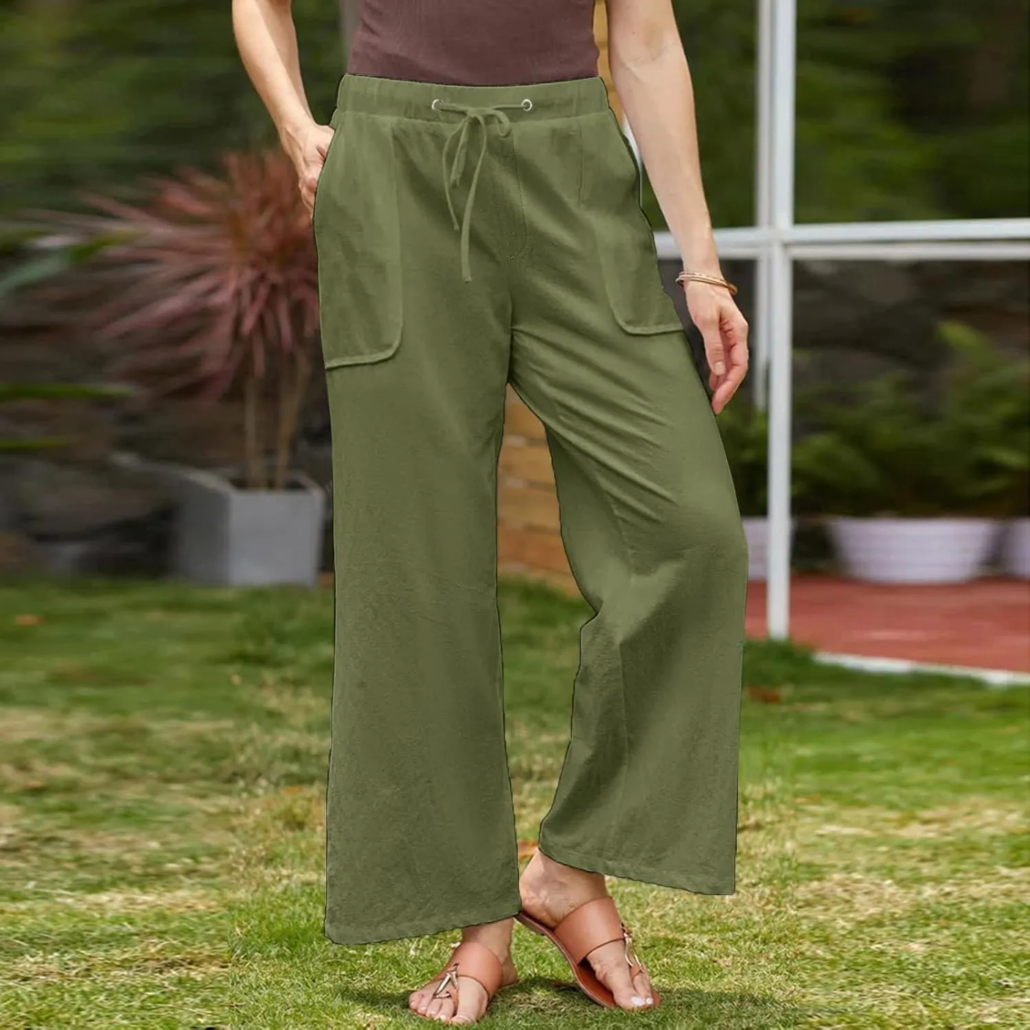 Linen Cotton Pants Women Plus Size Palazzo Wide Leg High Waisted Flowy Comfy Trousers with Pockets Casual Summer 2025