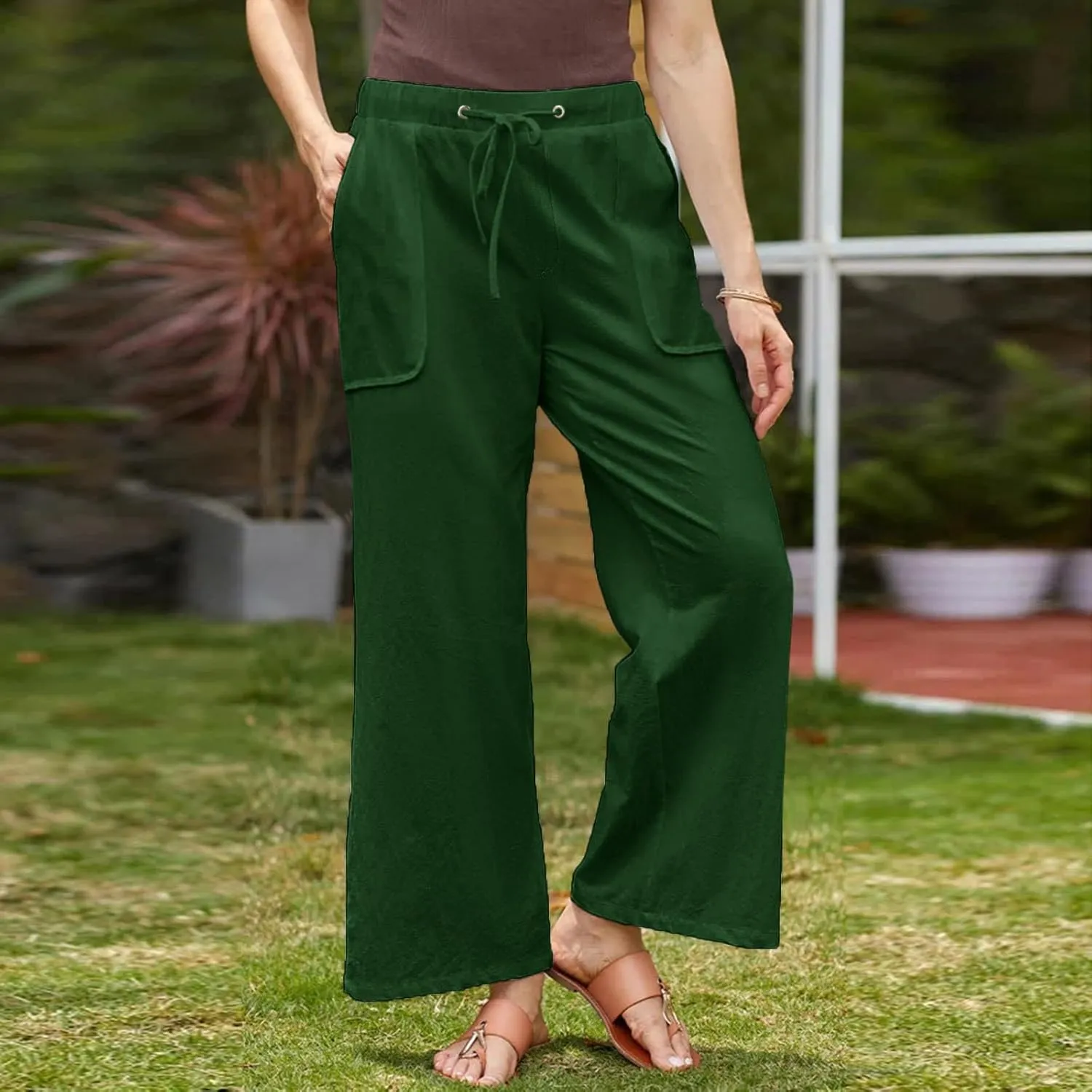 Linen Cotton Pants Women Plus Size Palazzo Wide Leg High Waisted Flowy Comfy Trousers with Pockets Casual Summer 2025