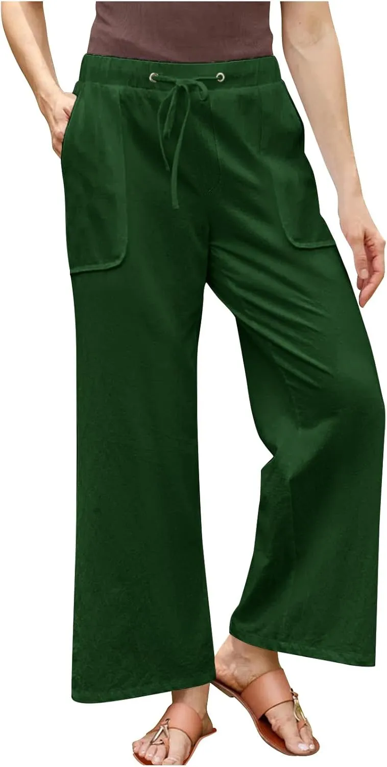 Linen Cotton Pants Women Plus Size Palazzo Wide Leg High Waisted Flowy Comfy Trousers with Pockets Casual Summer 2025