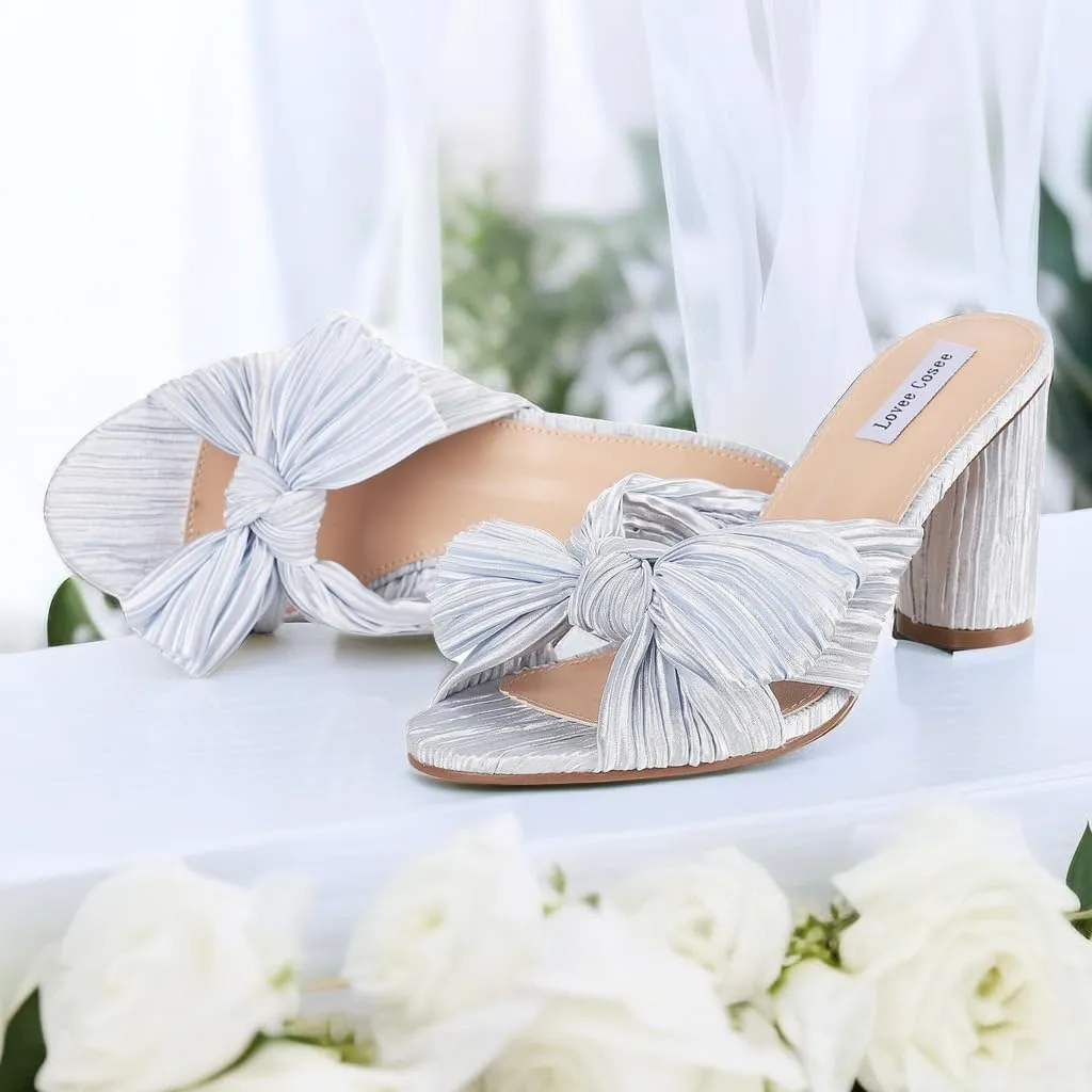 Lovee Cosee Women's Bow Knot Heeled Sandals Pleated Open Toe Ankle Strap Chunky Heels for Bride Wedding