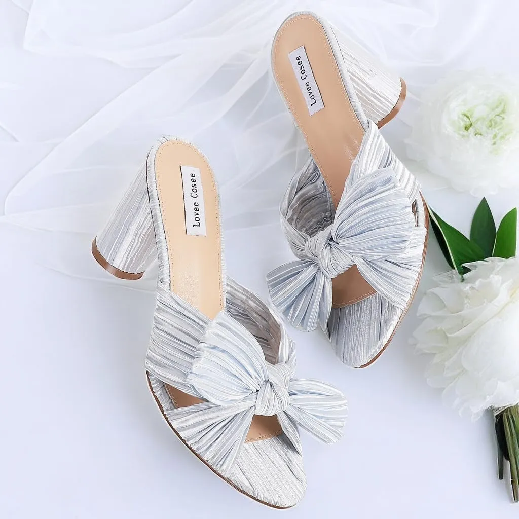Lovee Cosee Women's Bow Knot Heeled Sandals Pleated Open Toe Ankle Strap Chunky Heels for Bride Wedding