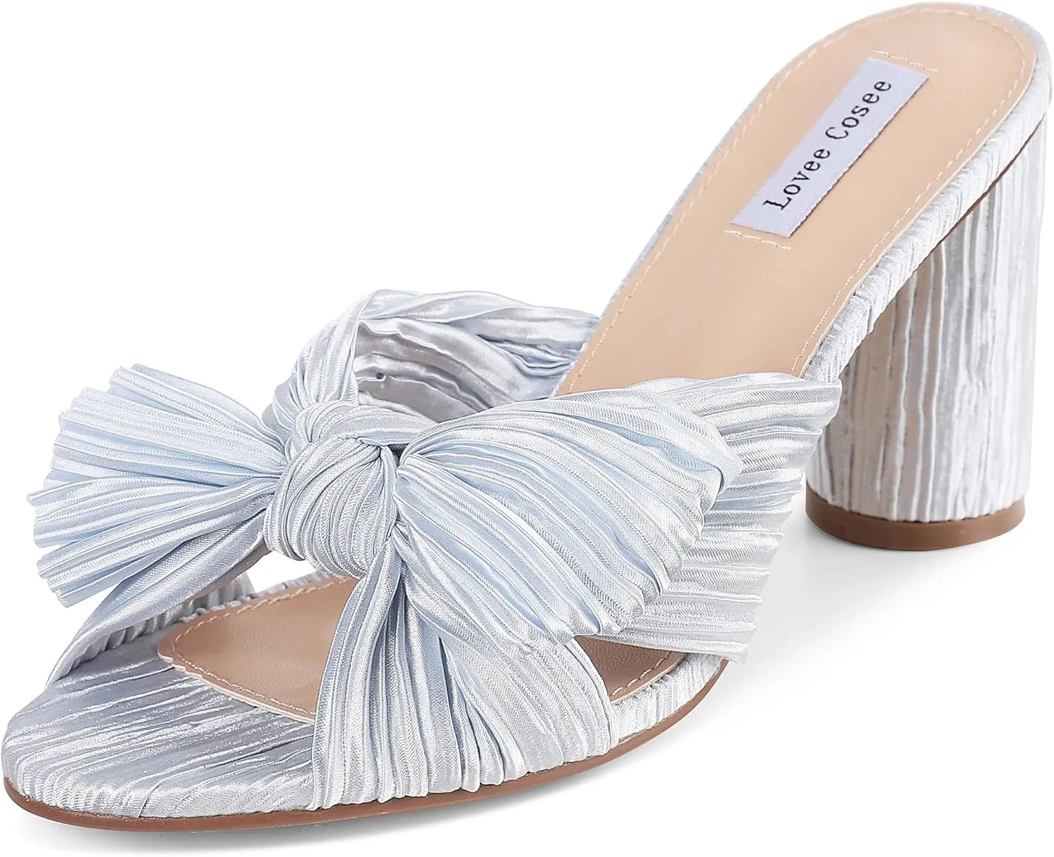 Lovee Cosee Women's Bow Knot Heeled Sandals Pleated Open Toe Ankle Strap Chunky Heels for Bride Wedding