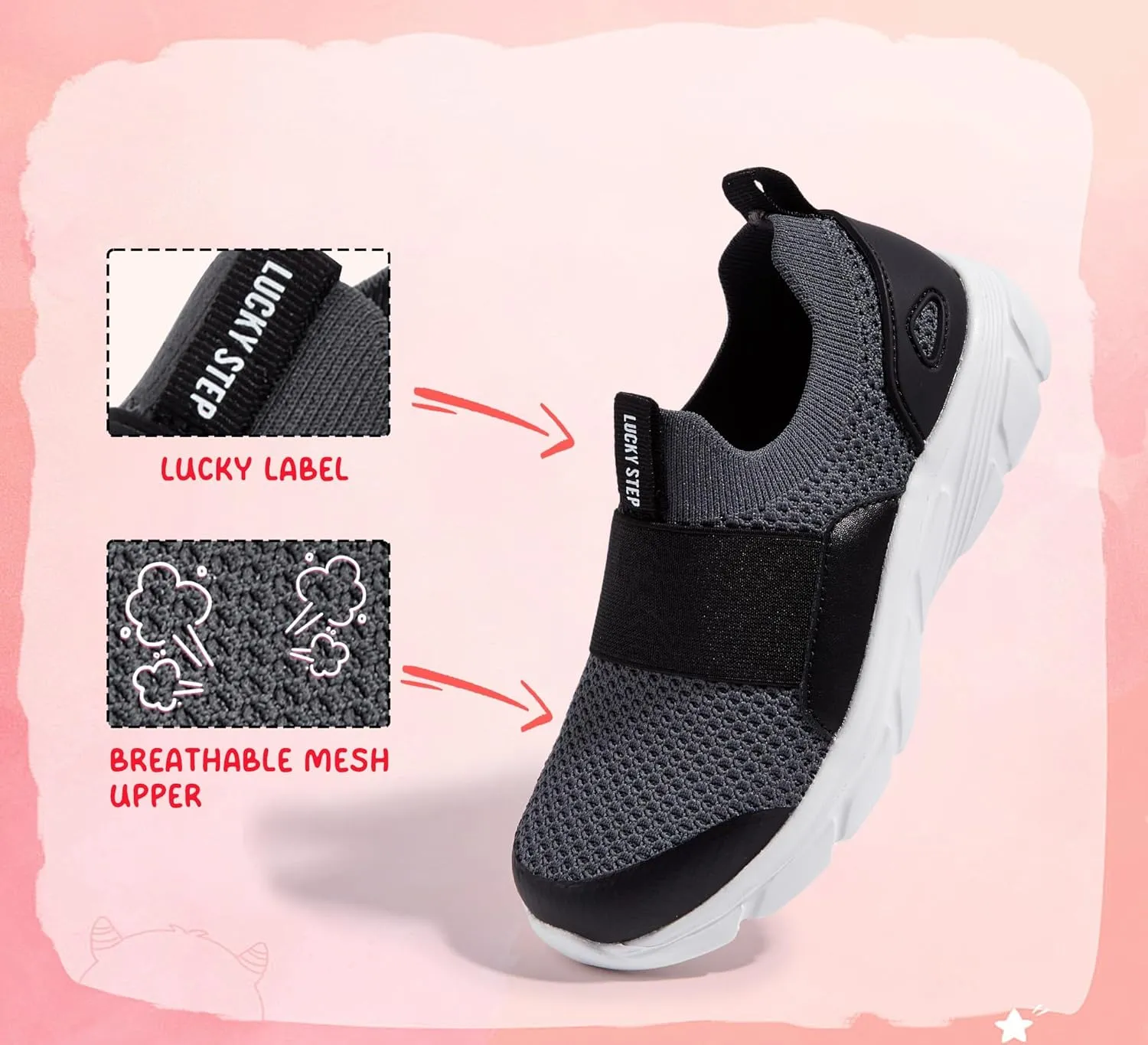 LUCKY STEP Little Kids Sneakers Breathable Mesh Walking Shoes Slip On Lightweight Athletic Trainers for Boys Girls