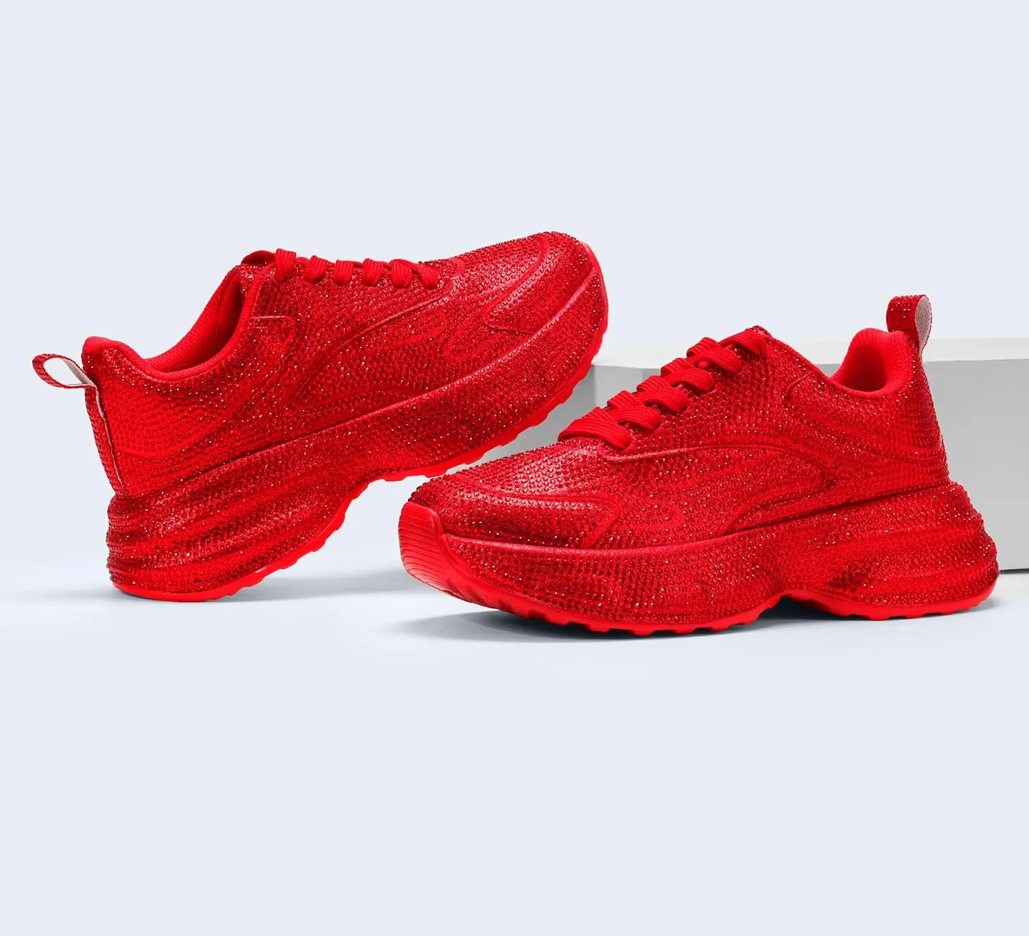LUCKY STEP Rhinestone Chunky Sneakers for Women Fashion Platform Sparkly Dad Casual Shoes Lightweight Tennis Walking Sport Footwear