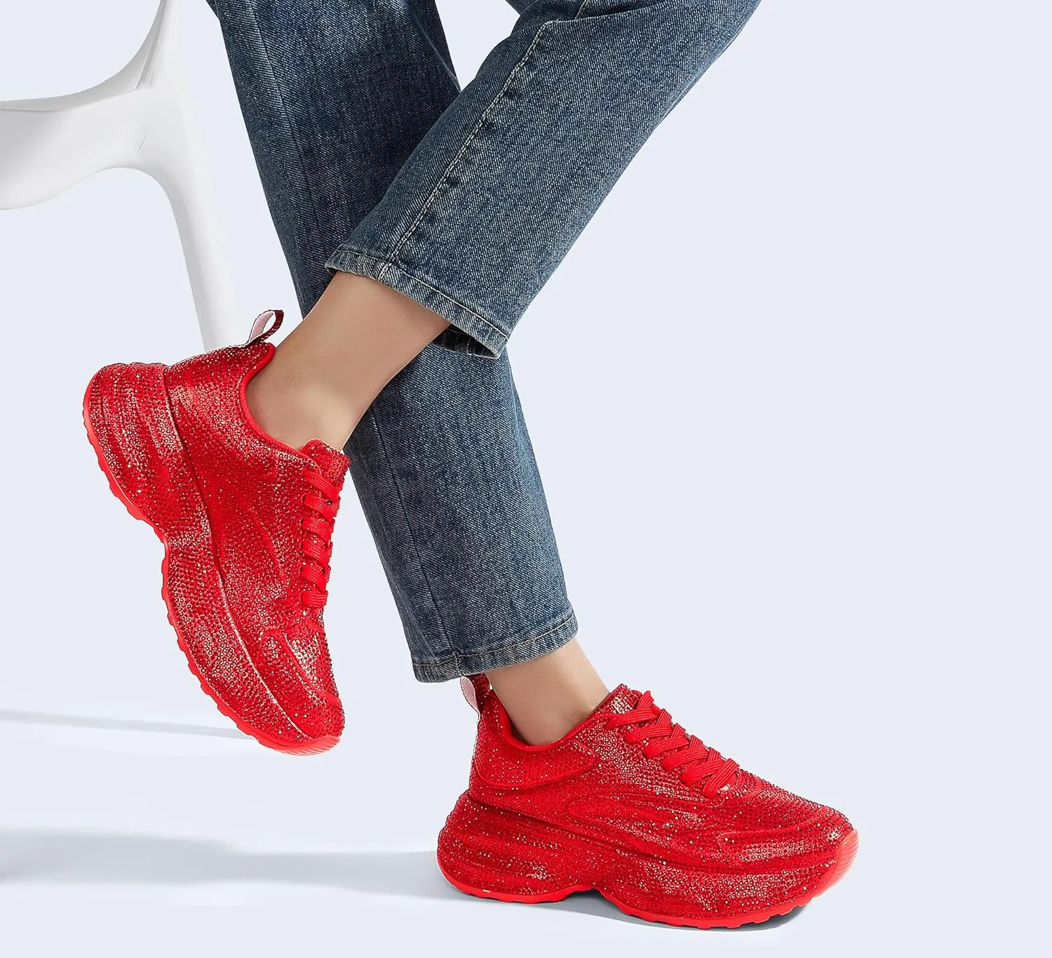 LUCKY STEP Rhinestone Chunky Sneakers for Women Fashion Platform Sparkly Dad Casual Shoes Lightweight Tennis Walking Sport Footwear