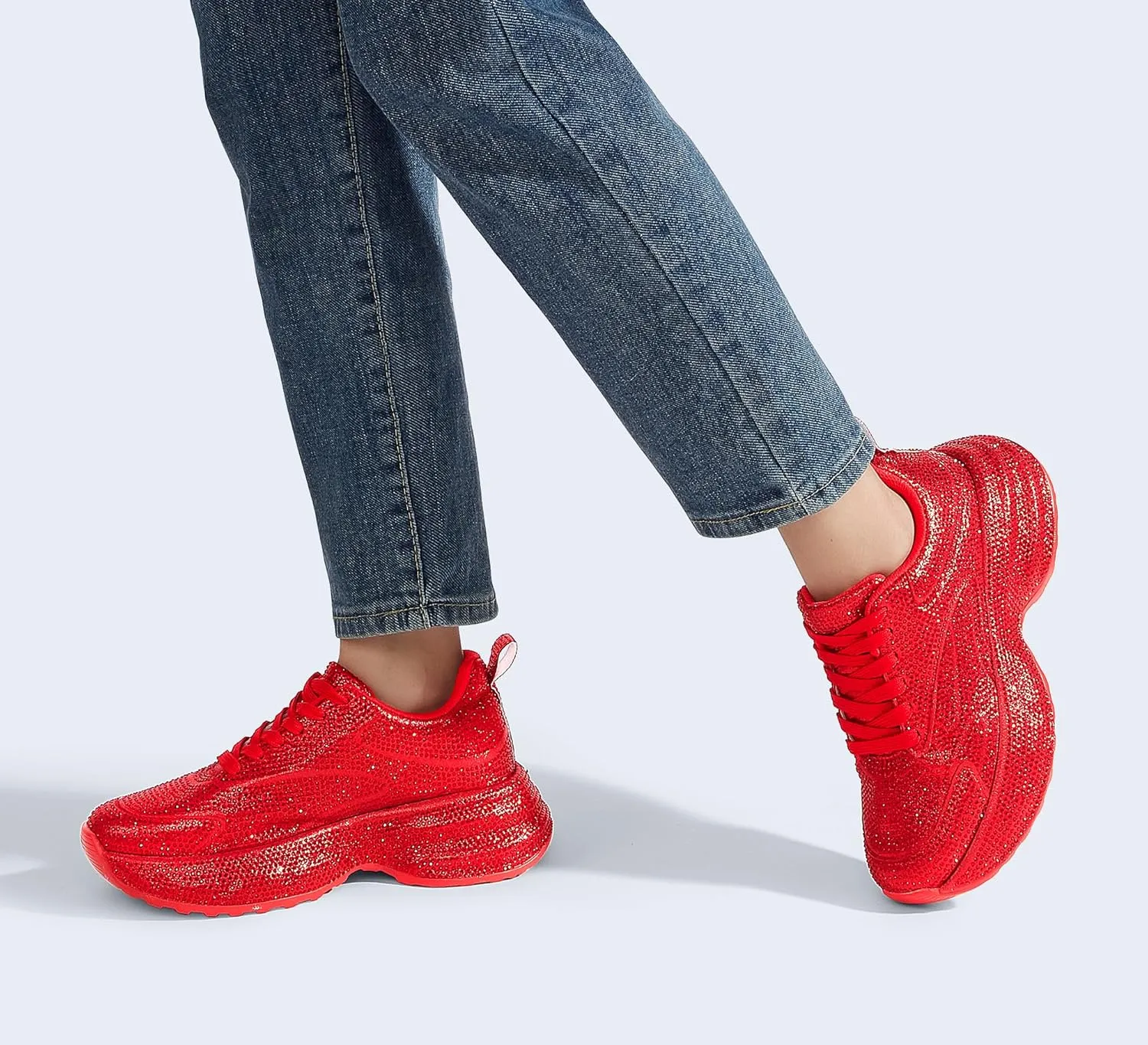 LUCKY STEP Rhinestone Chunky Sneakers for Women Fashion Platform Sparkly Dad Casual Shoes Lightweight Tennis Walking Sport Footwear