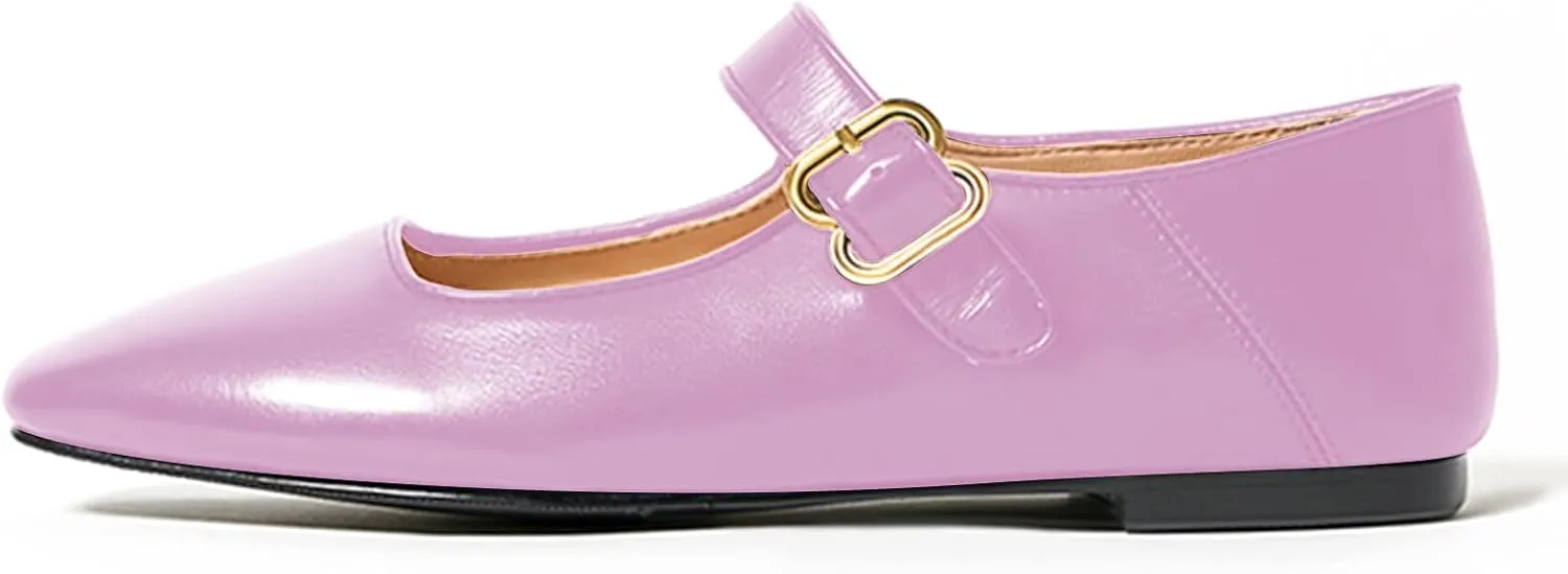 Lutalica W Women's Spring-Summer Square Toe Matte Leather Comfort Vintage Ankle Strap Dress Mary Jane Ballet Flats Shoes