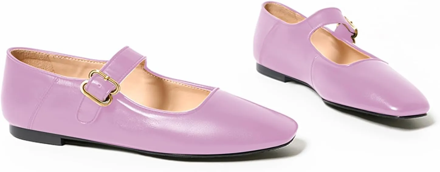 Lutalica W Women's Spring-Summer Square Toe Matte Leather Comfort Vintage Ankle Strap Dress Mary Jane Ballet Flats Shoes