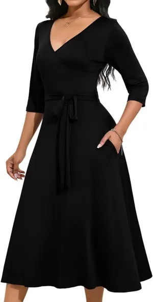Magritta Midi Dresses for Women Casual 3/4 Sleeve Wrap Dress Plus Size Curvy Cocktail Dresses with Pockets