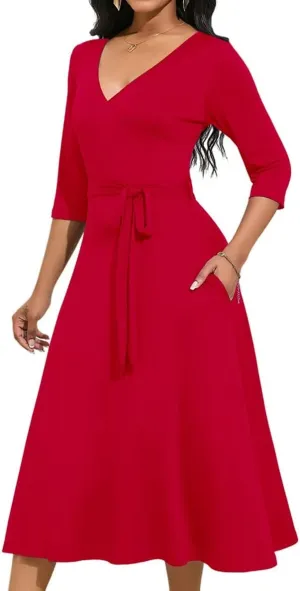 Magritta Midi Dresses for Women Casual 3/4 Sleeve Wrap Dress Plus Size Curvy Cocktail Dresses with Pockets