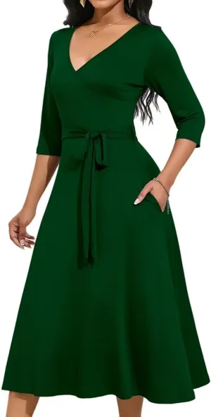 Magritta Midi Dresses for Women Casual 3/4 Sleeve Wrap Dress Plus Size Curvy Cocktail Dresses with Pockets