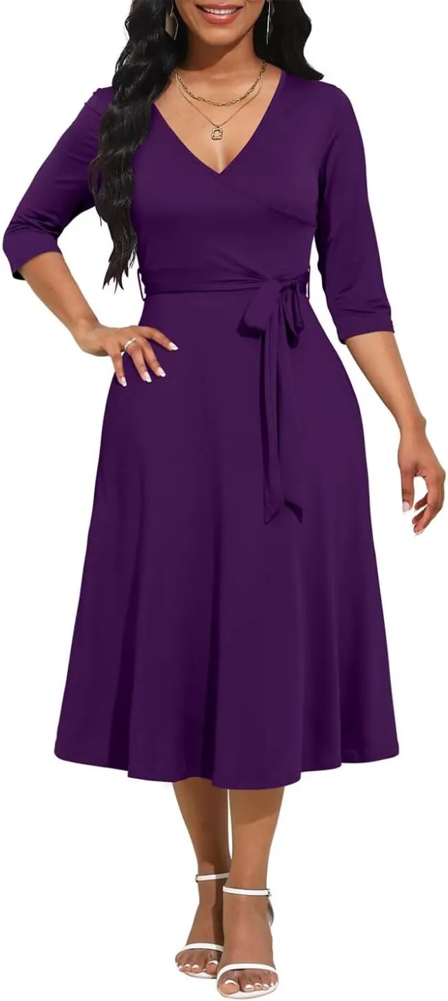 Magritta Midi Dresses for Women Casual 3/4 Sleeve Wrap Dress Plus Size Curvy Cocktail Dresses with Pockets