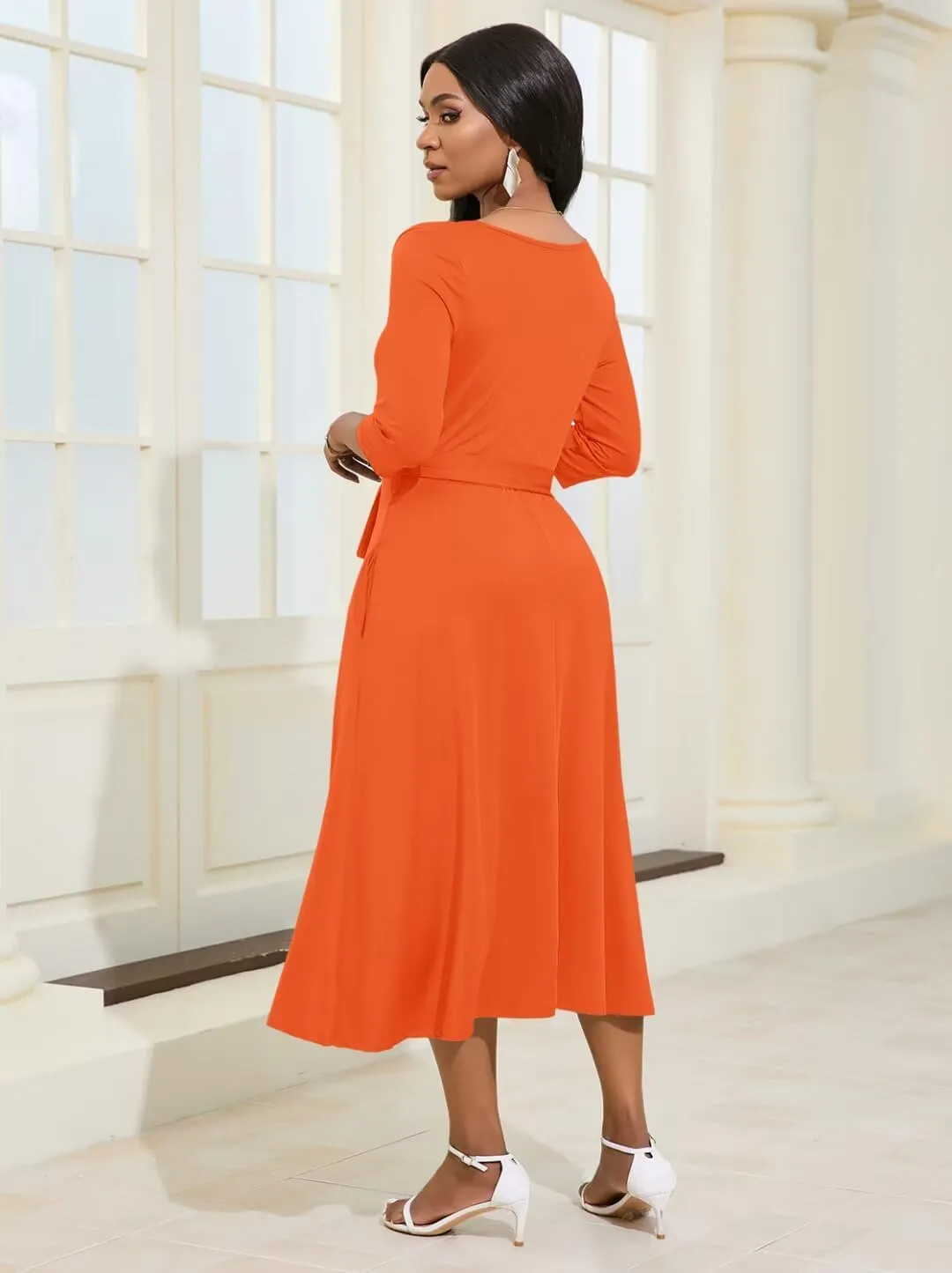 Magritta Midi Dresses for Women Casual 3/4 Sleeve Wrap Dress Plus Size Curvy Cocktail Dresses with Pockets