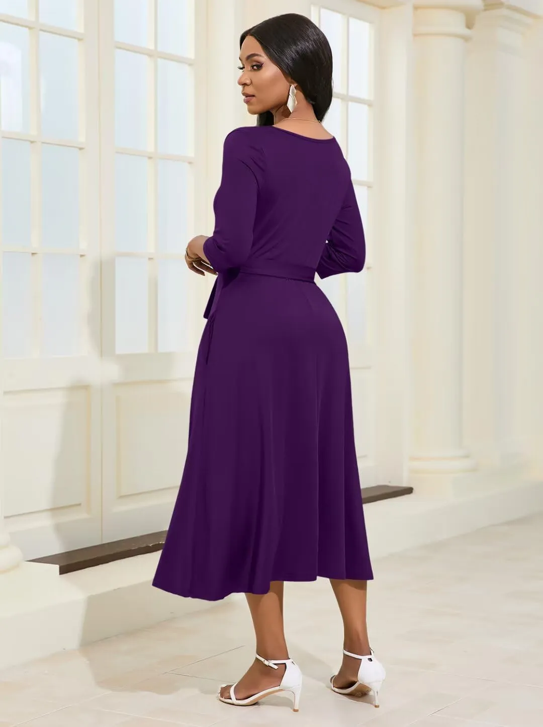 Magritta Midi Dresses for Women Casual 3/4 Sleeve Wrap Dress Plus Size Curvy Cocktail Dresses with Pockets