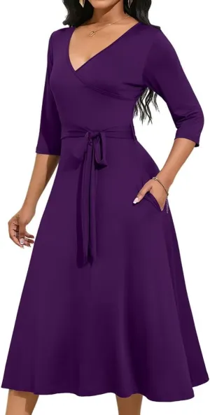 Magritta Midi Dresses for Women Casual 3/4 Sleeve Wrap Dress Plus Size Curvy Cocktail Dresses with Pockets