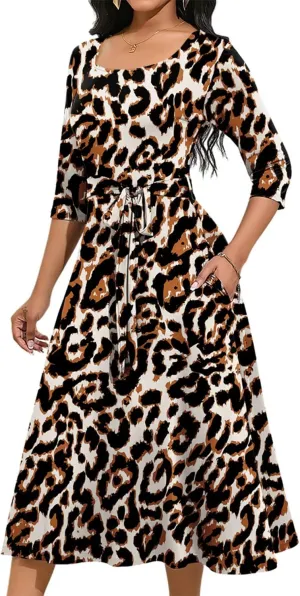 Magritta Midi Dresses for Women Casual 3/4 Sleeve Wrap Dress Plus Size Curvy Cocktail Dresses with Pockets