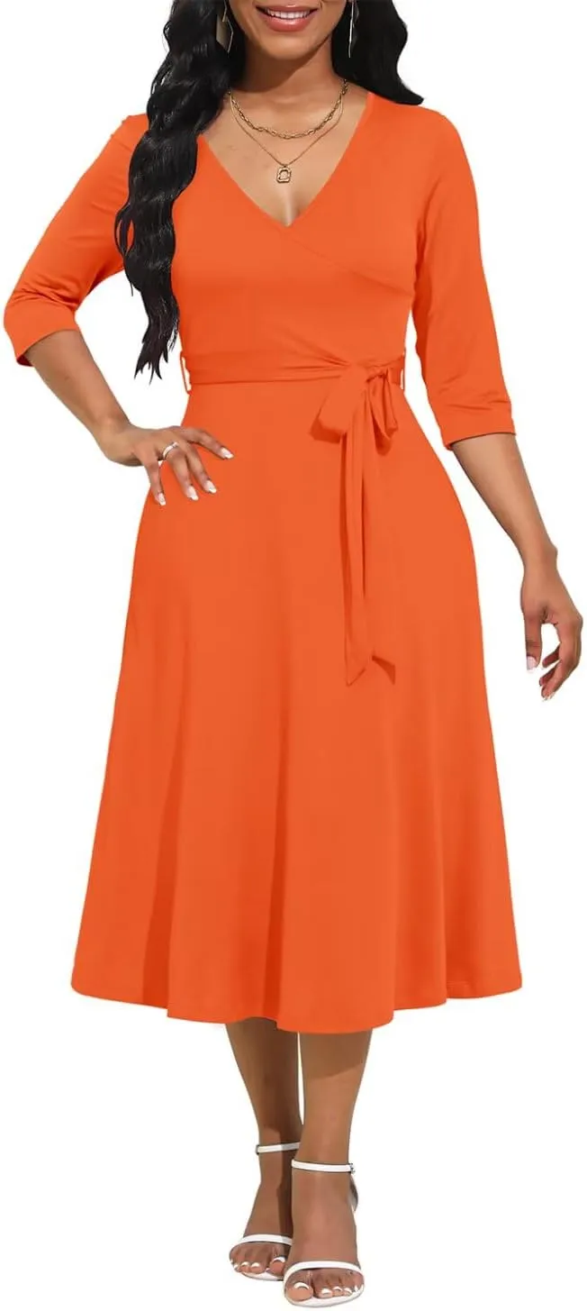 Magritta Midi Dresses for Women Casual 3/4 Sleeve Wrap Dress Plus Size Curvy Cocktail Dresses with Pockets