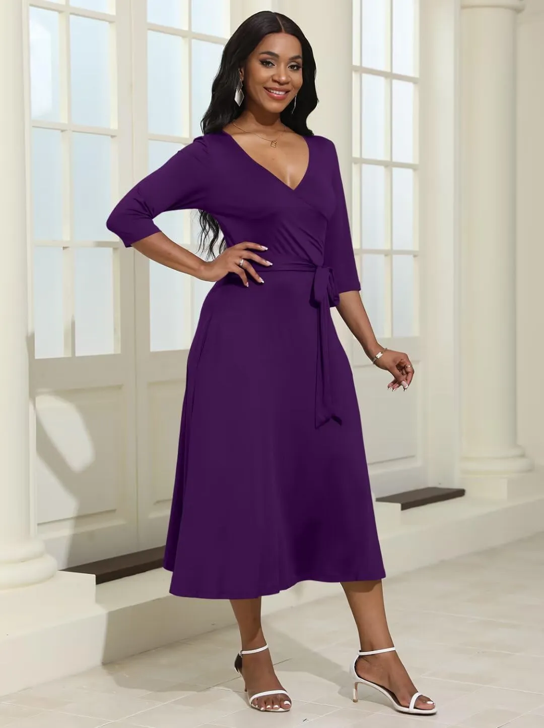 Magritta Midi Dresses for Women Casual 3/4 Sleeve Wrap Dress Plus Size Curvy Cocktail Dresses with Pockets
