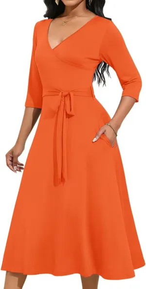 Magritta Midi Dresses for Women Casual 3/4 Sleeve Wrap Dress Plus Size Curvy Cocktail Dresses with Pockets