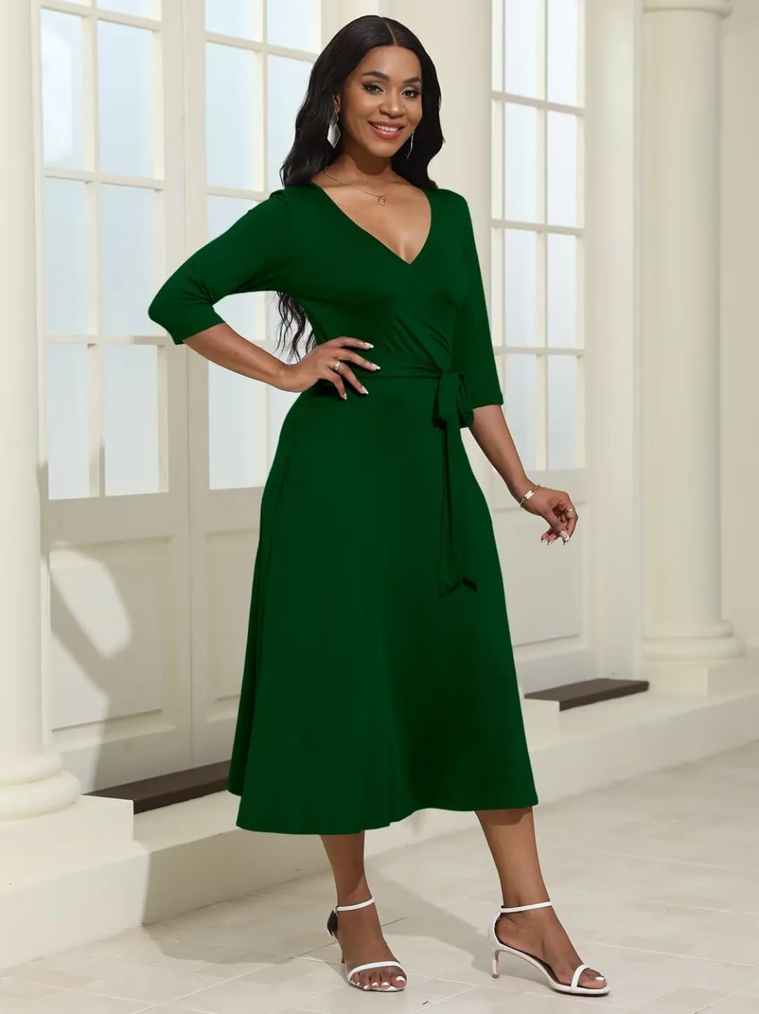 Magritta Midi Dresses for Women Casual 3/4 Sleeve Wrap Dress Plus Size Curvy Cocktail Dresses with Pockets