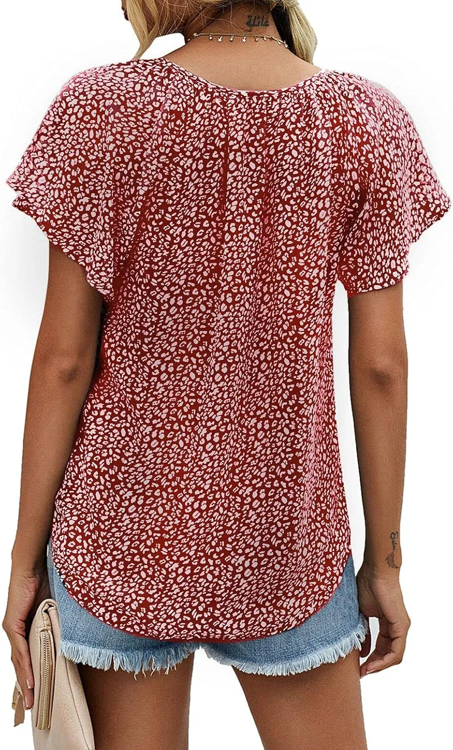 Mansy Women's Casual Floral Print V Neck Ruffle Short Sleeve Summer Shirts Tops Loose Blouses