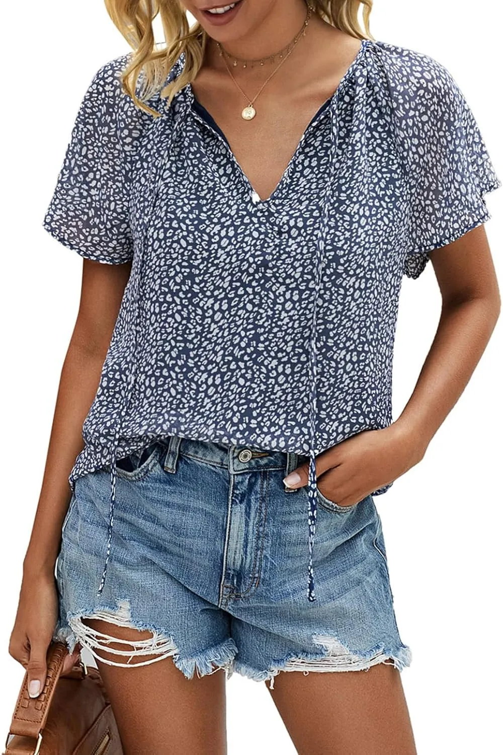Mansy Women's Casual Floral Print V Neck Ruffle Short Sleeve Summer Shirts Tops Loose Blouses