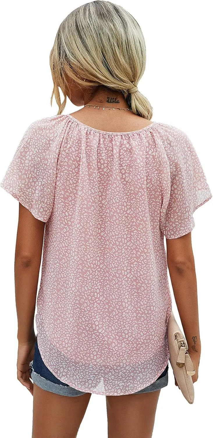 Mansy Women's Casual Floral Print V Neck Ruffle Short Sleeve Summer Shirts Tops Loose Blouses