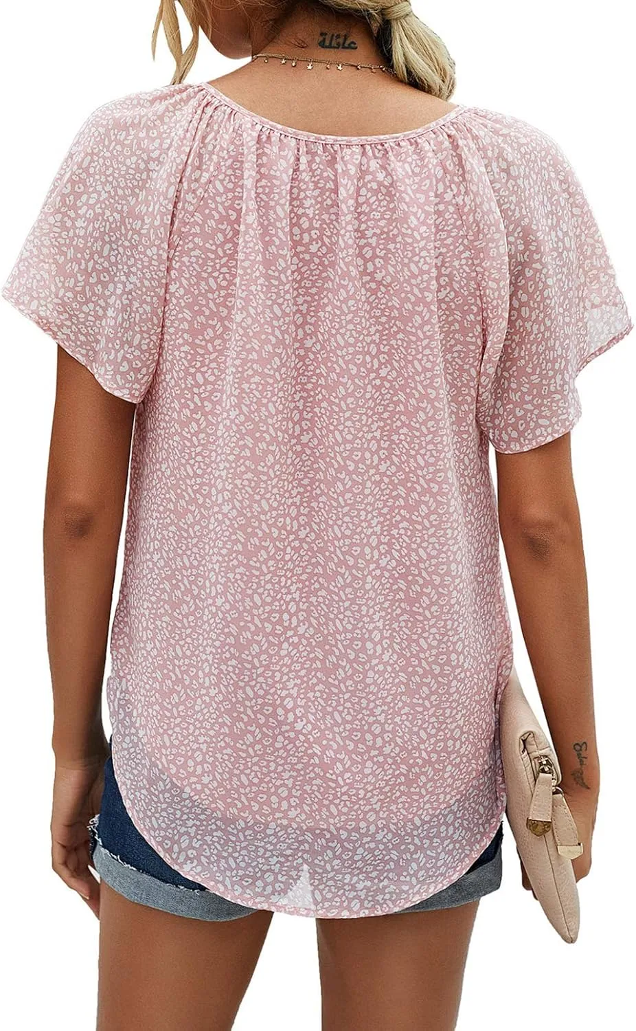 Mansy Women's Casual Floral Print V Neck Ruffle Short Sleeve Summer Shirts Tops Loose Blouses