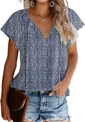 Mansy Women's Casual Floral Print V Neck Ruffle Short Sleeve Summer Shirts Tops Loose Blouses
