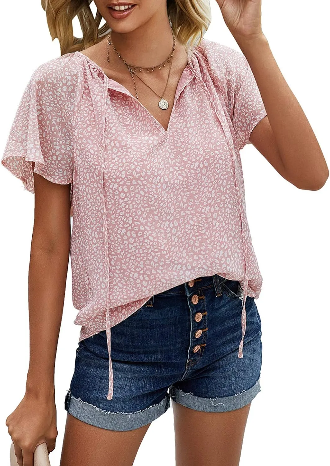 Mansy Women's Casual Floral Print V Neck Ruffle Short Sleeve Summer Shirts Tops Loose Blouses