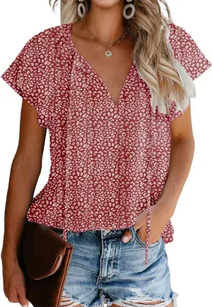 Mansy Women's Casual Floral Print V Neck Ruffle Short Sleeve Summer Shirts Tops Loose Blouses
